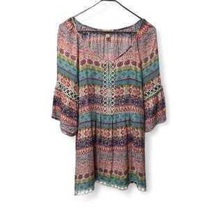 One world size large colorful Bohemian shirt 3/4 sleeves whimsical cottage